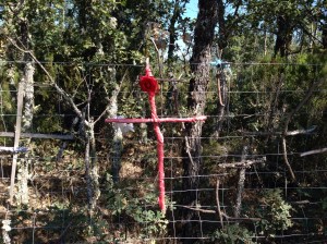 A fence lined with crosses